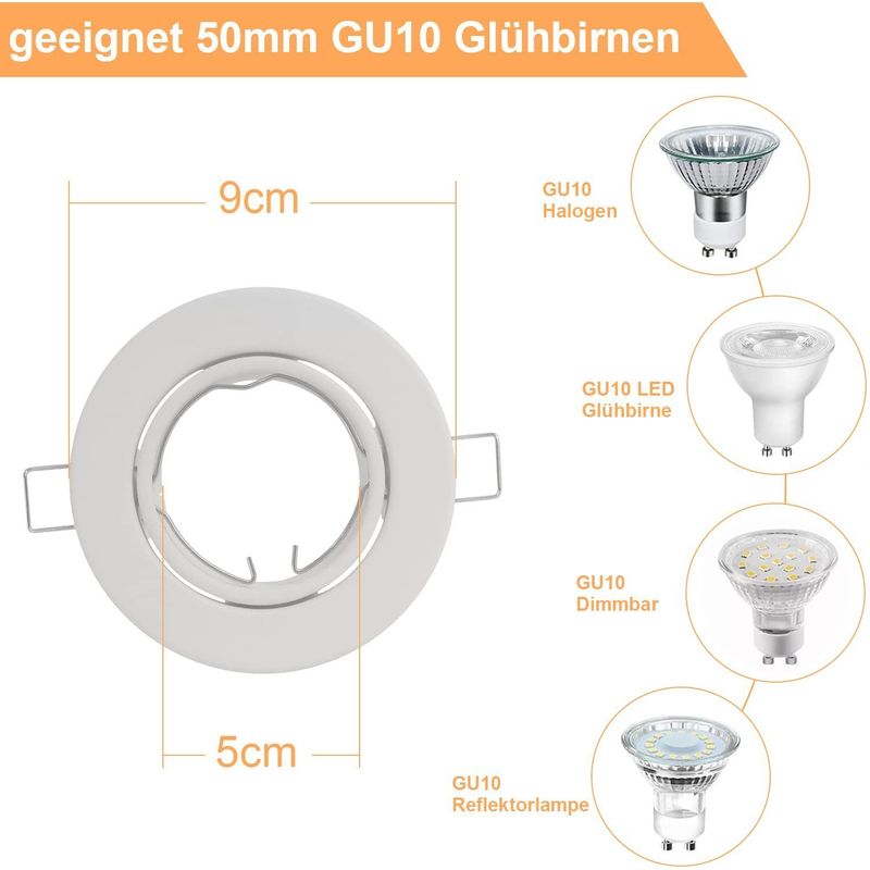 Glitzerlife 6er Einbaurahmen GU10 Set - Weiß Einbaustrahler Mit Sockel Lochdurchmesser 50mm Einbauspots Rund Metall Schwenkbar 30° Für LED Leuchtmittel Halogen_voghion.com