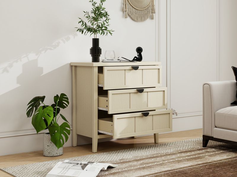 Meuble de rangement 3 tiroirs 80 x 40 x 80 cm, buffet aspect bois naturel avec sculptures linéaires, pour salon, chambre, bureau et étude._voghion.com