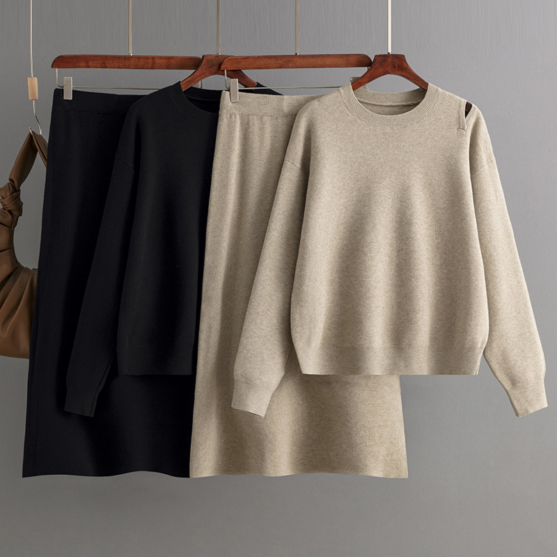 Women's Loose Sweater Half Skirt Set Casual Loose Knit Two Piece Set_voghion.com