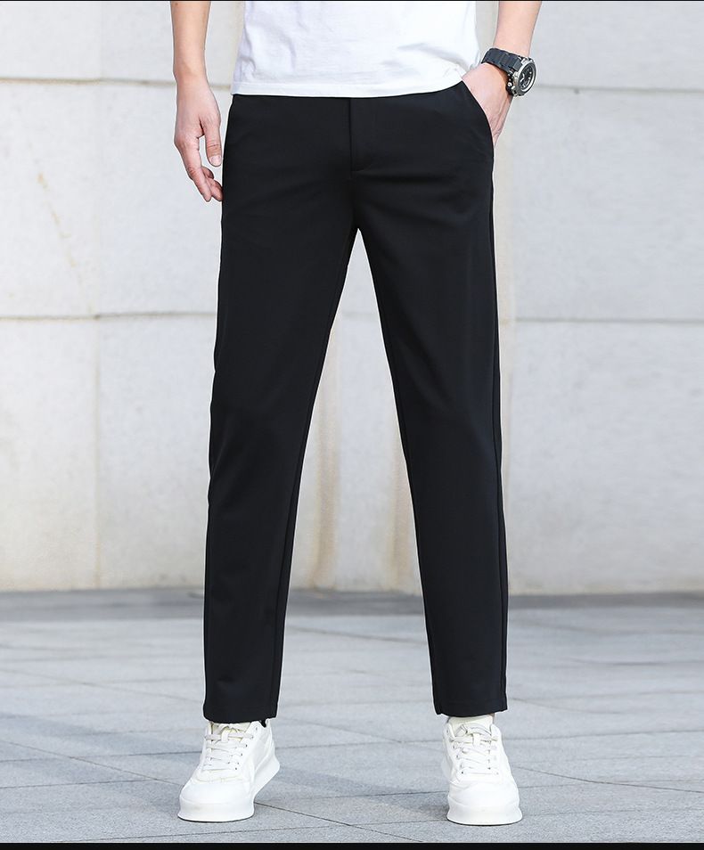 Pantaloni casual da uomo, vestibilità dritta, elasticizzati, comodi, adatti a tutte le stagioni, grigi e neri, abbigliamento casual da ufficio, in tessuto misto cotone_voghion.com