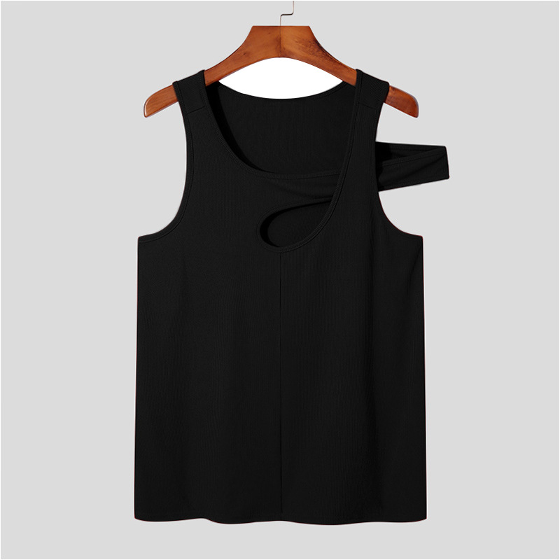 Man's clothing Personality vest hollowed out sleeveless T-shirt tight-fitting men's off-the-shoulder bottoms_voghion.com