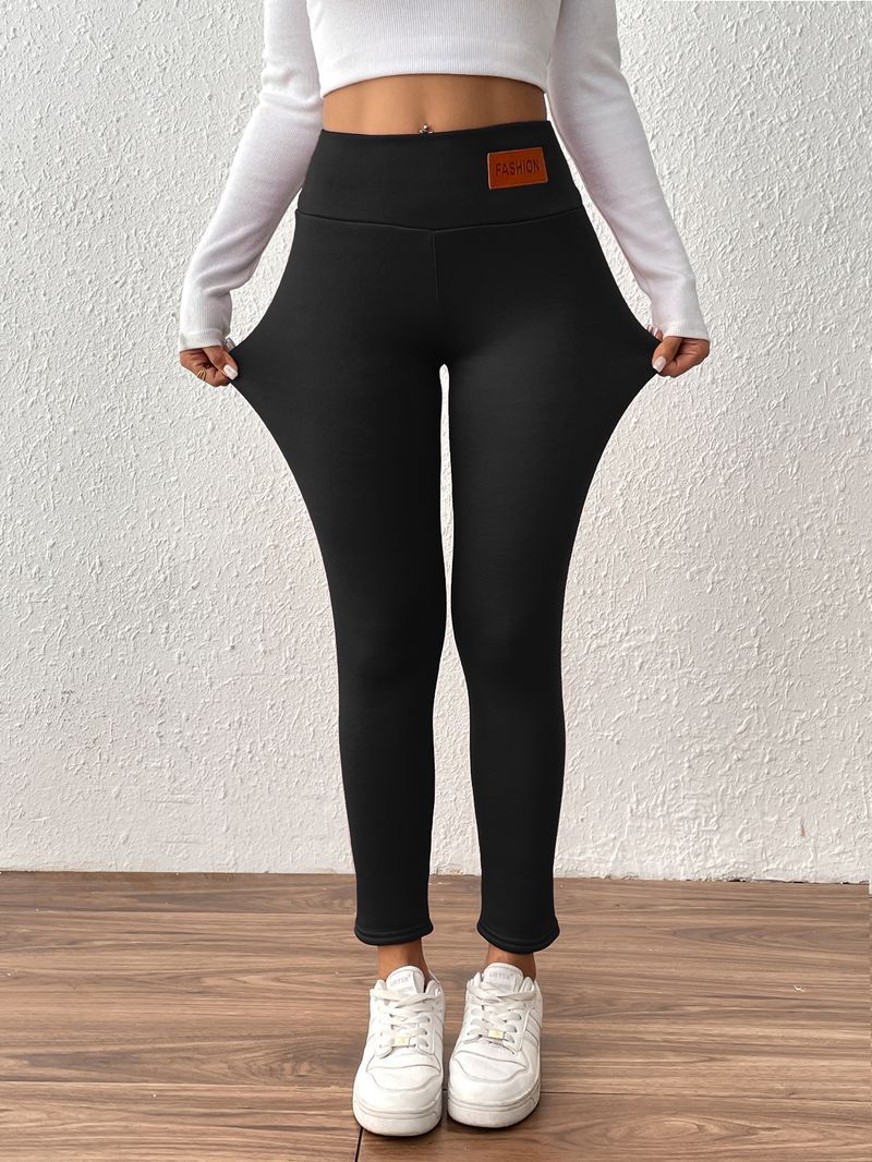 Women's Clothing High-Waisted Fleece-Lined Leggings With Elasticity, Warm Winter Thermal Pants, Stretchy Ankle-Length Trousers In Solid Colors_voghion.com