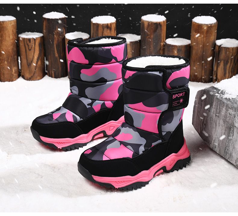2024 Inverno Crianças Pelúcia Tecido Impermeável Antiderrapante Menina Sapatos Sola de Borracha Neve Moda Quente Botas Ao Ar Livre_voghion.com