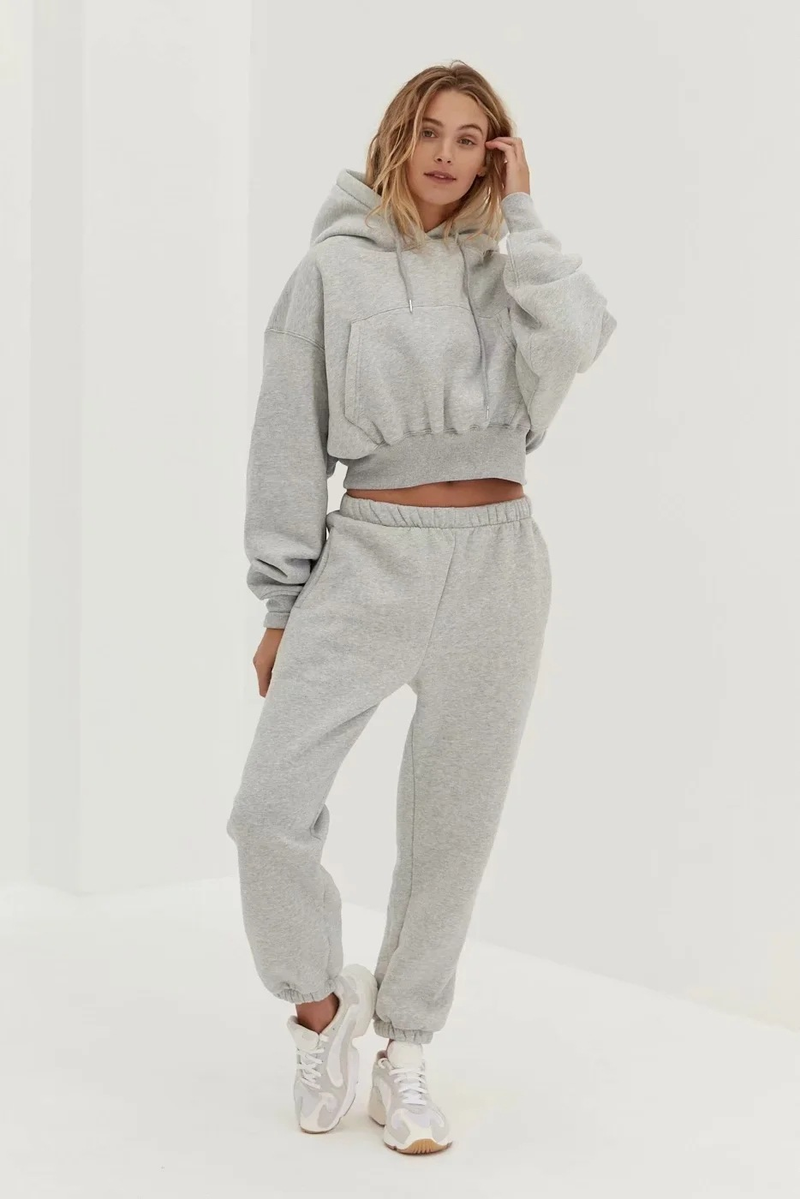 Ropa de mujer Otoño e invierno nuevo estilo suelto más sudadera con capucha de terciopelo + pantalones harén casuales con puños traje deportivo para mujer_voghion.com
