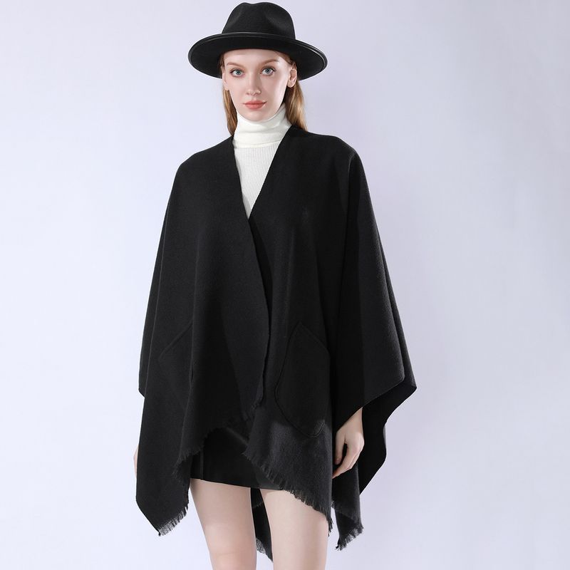 Nowy, jednolity kolor szala z prostymi i uniwersalnymi kieszeniami, ciepła peleryna, wysokiej jakości podróżna peleryna z rozcięciem_voghion.com
