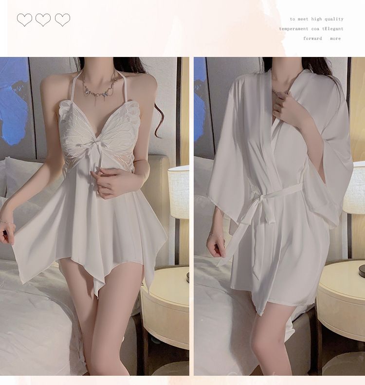 Ice Silk Plus Size Pajama Set, With Chest Cushion For Super Comfort, Bow Tie Nightgown And Outer Robe Showcasing Fashionable Charm_voghion.com