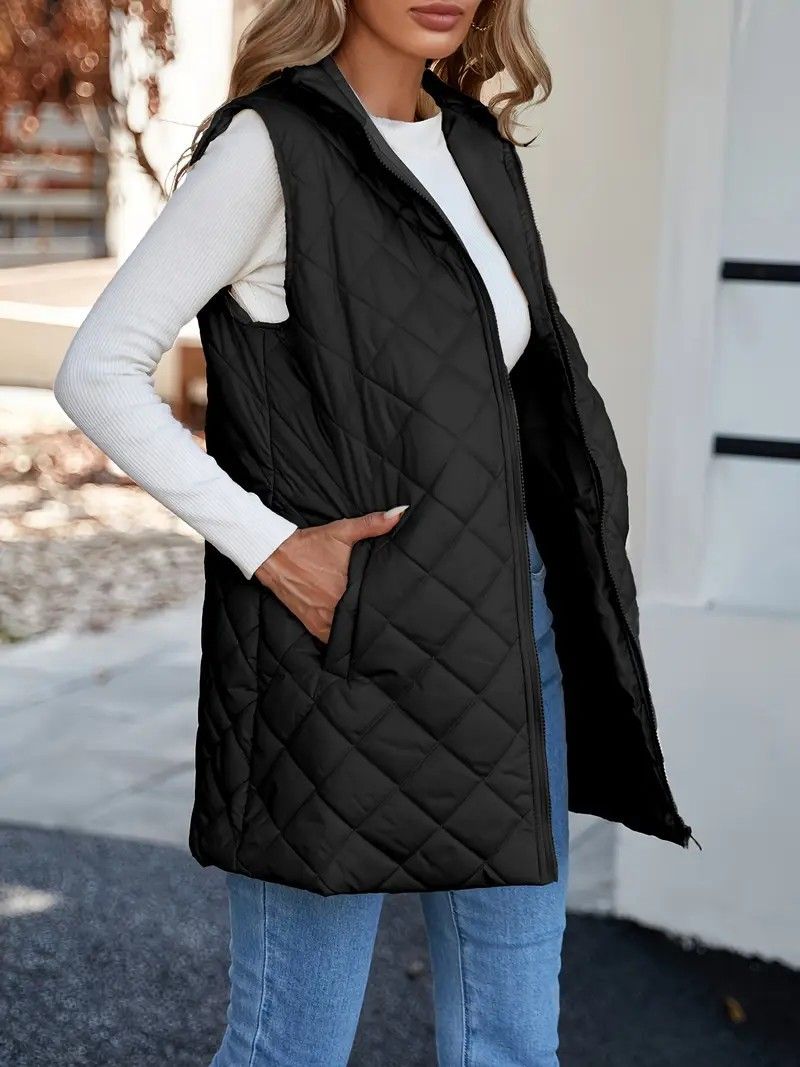 Damenbekleidung, dünn, warm, leicht, warm, gesteppter Westemantel mit Kapuze – lange ärmellose Jacke für lässige Outfits (Schwarz, Beige)_voghion.com