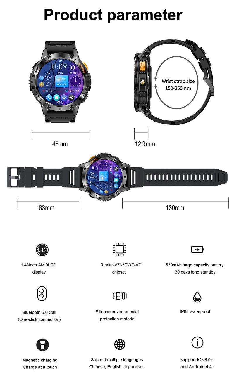 K65 Rugged Smartwatch With Bluetooth Calling, Outdoor Step Counter, Heart Rate & Blood Pressure Monitor, Sleep Tracking, 30m Waterproof,_voghion.com