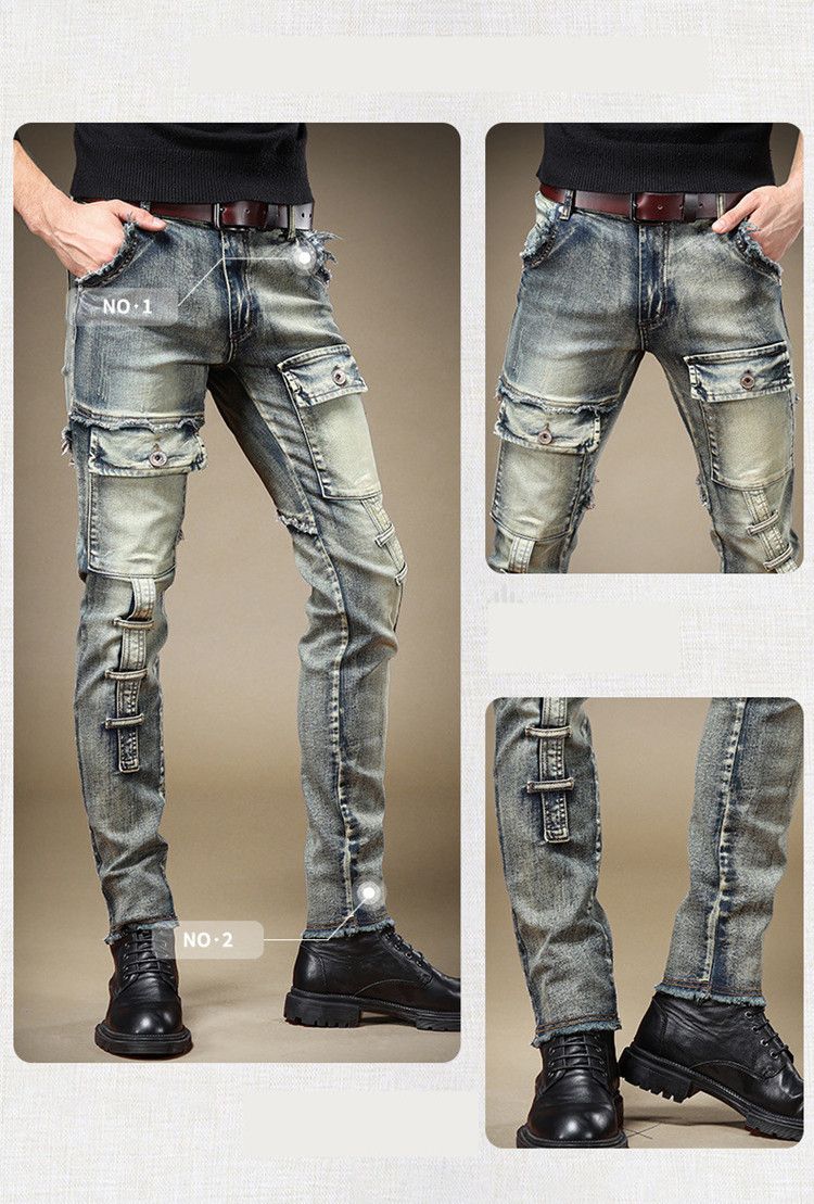 Kleidung für Teenager, zerrissene Jeans, Slim Fit, Stretch-Röhrenhose, helle Farbe, mehrere Taschen, High-End, trendige Markennähte, Bettlerhose_voghion.com