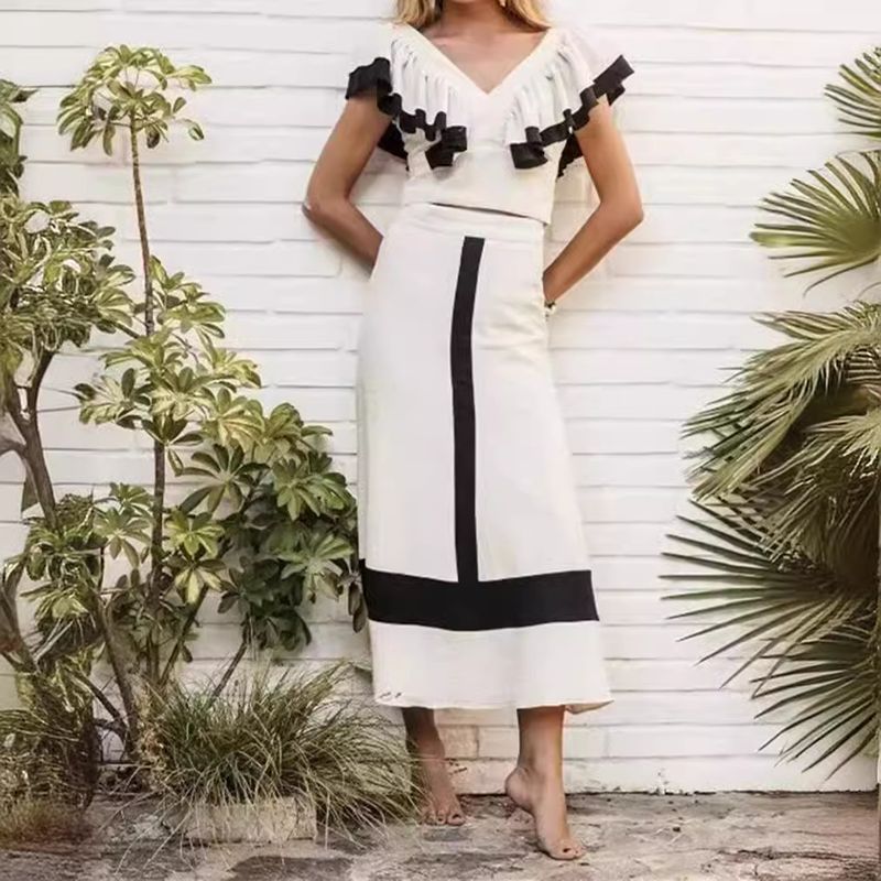 UC&ZA Style Dames Zomer Kleurblok V-hals Ruffle Trim Slim Top en Rok Set_voghion.com