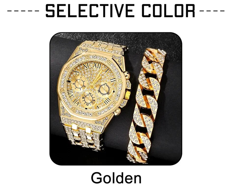 Men's luxury stainless steel gold bracelet, hip-hop diamond, large dial, business, quartz watch, fashionable_voghion.com