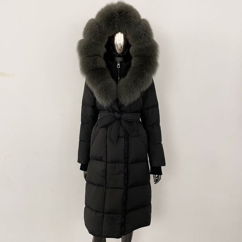 Fox Fur Large Collar Down Jacket With Hood And Long Style For Winter, Slim Waist And Knee Length Thickened Women's Coat_voghion.com