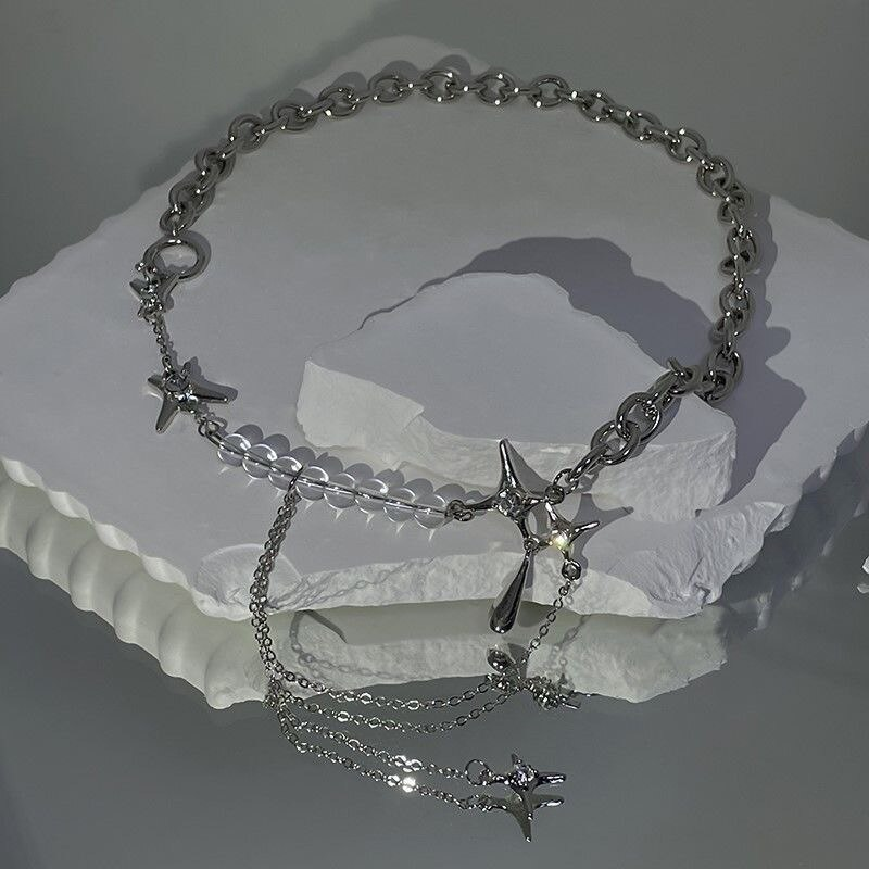 1 pieza de collar plateado para mujer, estilo punk ligero de lujo, colgante de borla tipo lágrima con cuentas de mano, cadena redonda en forma de o_voghion.com