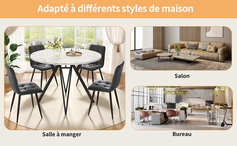 5-teiliges Esstisch-Set Mit Runder Tischplatte (Ø100 Cm), Schwarze Metallbeine, MDF-Marmoroptik, Graue Leinenstühle_voghion.com