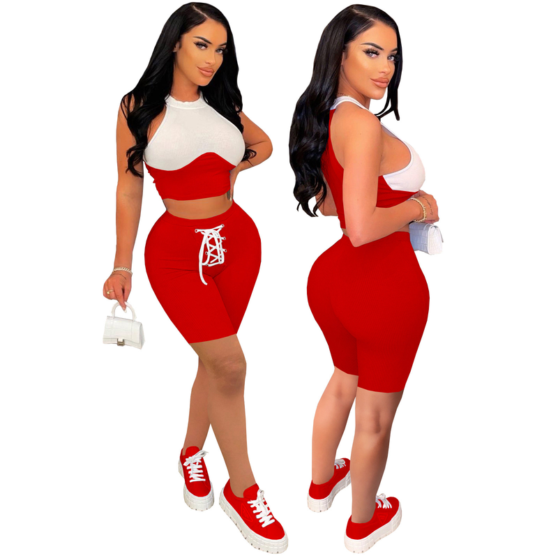 Frauen Sommer Neue Mode Lässig Sexy Feste Nähte Rippe Stricken Pit Streifen Zwei-stück Set_voghion.com