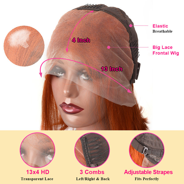 Pelucas de cabello humano con encaje frontal 13x4 rizado naranja jengibre de densidad 180% para mujeres pelucas de cabello humano rizado Bob corto Peluca de encaje transparente_voghion.com