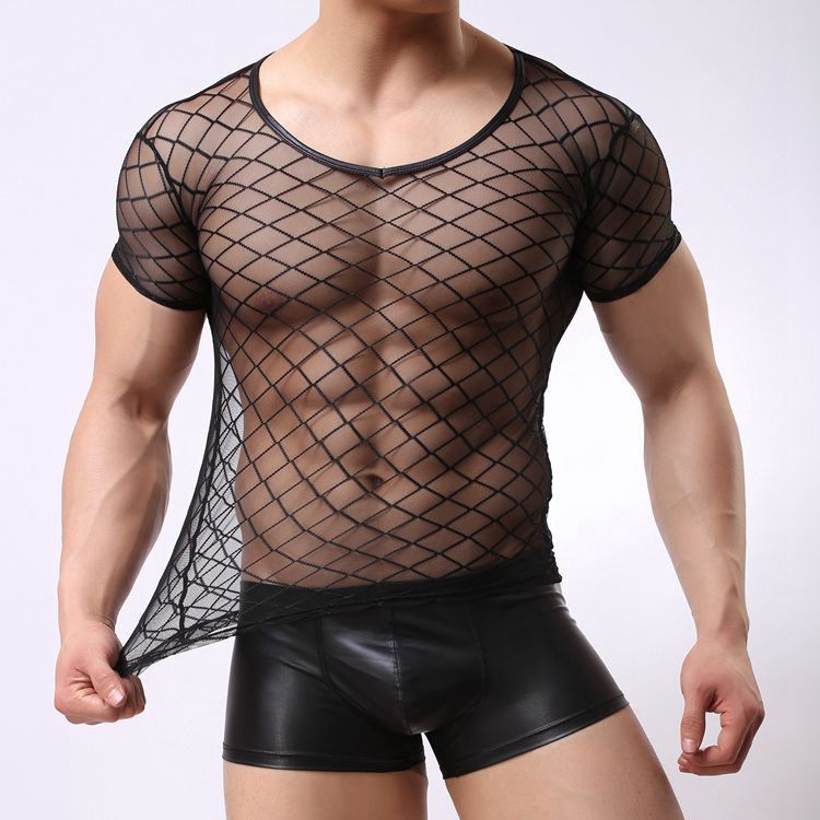 LuvBox Diamond Mesh Maglietta da uomo a maniche corte trasparente sexy, vestibilità slim, casual, a quadri, non convenzionale, nuovo stile_voghion.com