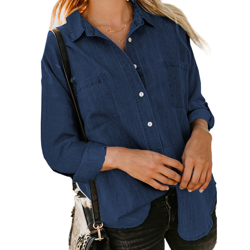 Camicia in denim da donna, camicia da cappotto casual all-match a maniche lunghe con doppia tasca ampia_voghion.com