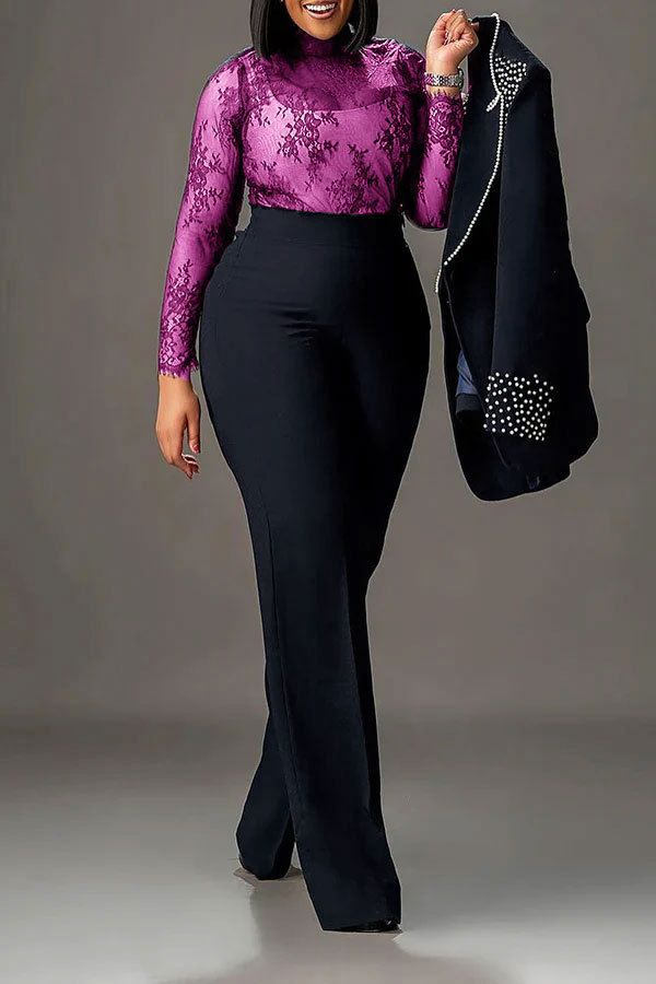 Traje de dos piezas ajustado de manga larga con perlas para mujer_voghion.com