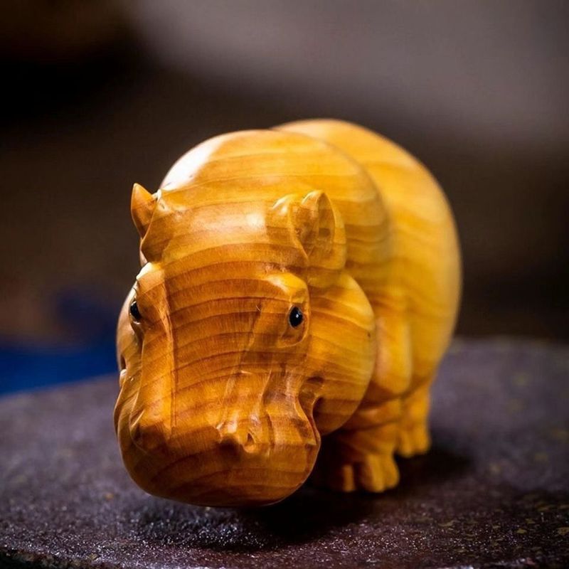 Boxwood Three Treasures Rhino Hippo Elephant Handheld Piece Handmade Carving Home Desk Ornament_voghion.com