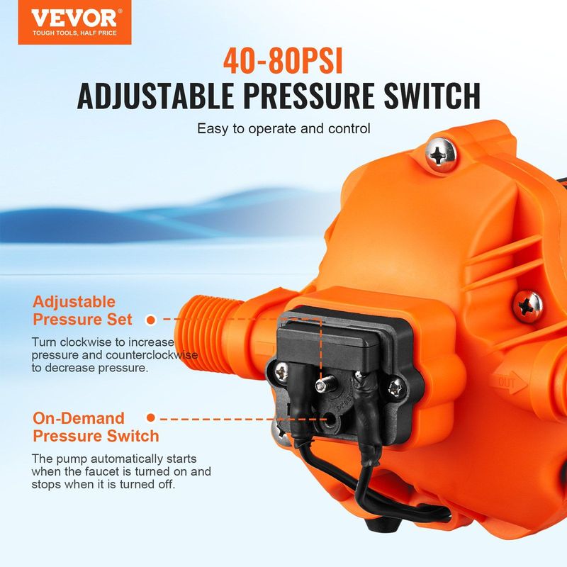 VEVOR Water Diaphragm Pump, 110V AC, 3.3 GPM Flow, 45 PSI Rated Pressure (40-80 PSI Adjustable), 1/2" MNPT Self Priming Sprayer Pump With Pressure Switch For RV Camper Marine Boat Lawn, FCC Certified_voghion.com