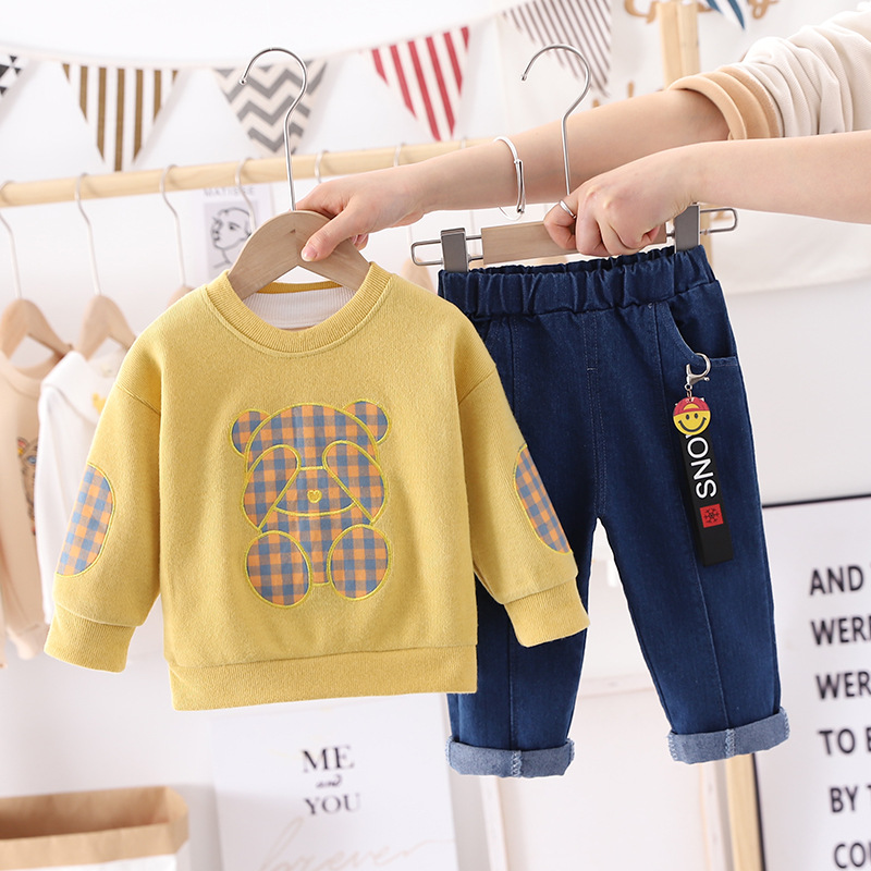Kinderkleidung Jungenanzug-Set, zweiteilig, langärmelig, Babykleidung, Jeans, Frühlingsmode_voghion.com