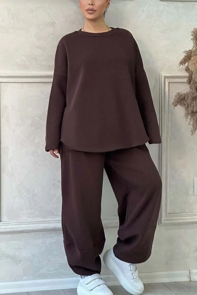 Damen-Freizeit-Set mit Langarm-Hoodie und Jogginghose – Oversized-Passform, Polyester-Spandex-Mischgewebe, Taschen (S-5XL, Grau/Khaki/Grün/Braun/Schwarz)_voghion.com