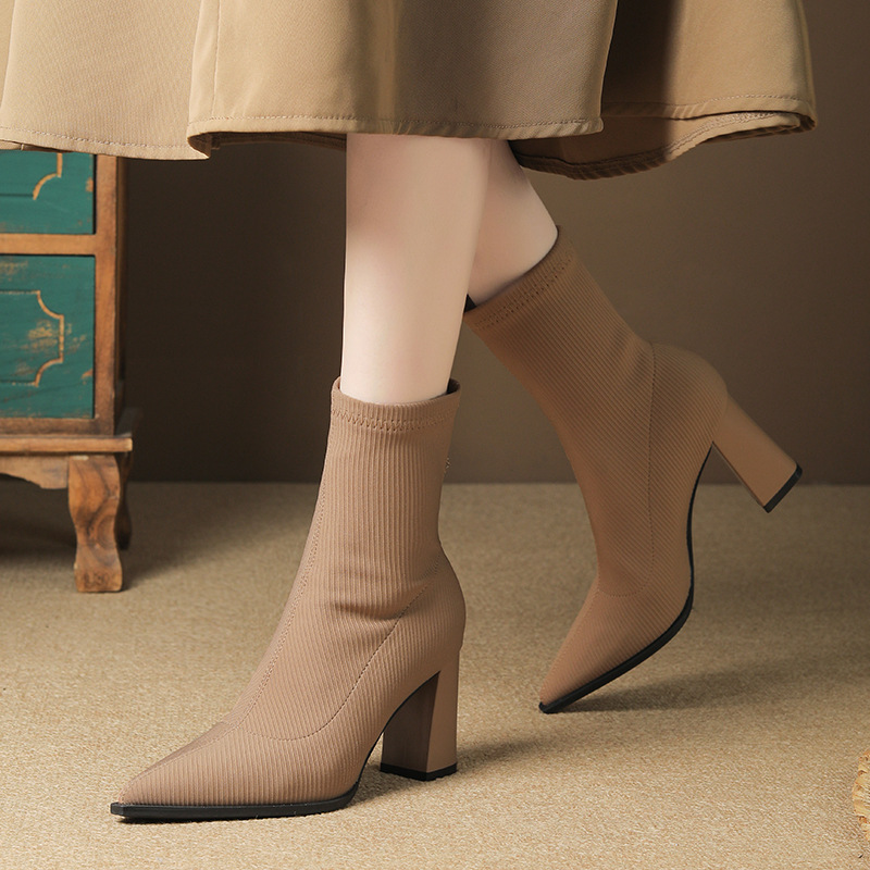 Suitable For All Seasons 3368-1 Knitted Sock Boots For Women, Chunky Heel, Pointed Toe, Petite High Heel Ankle Stretch Slim Boots, 2024 Autumn_voghion.com