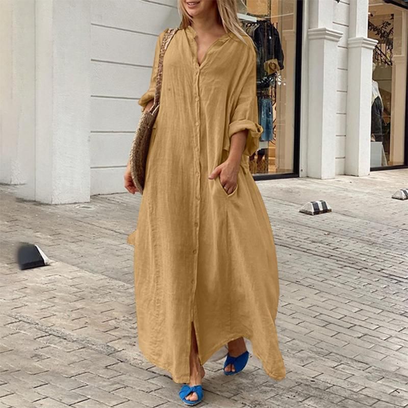 Abbigliamento donna casual tasca camicia colletto gonna lunga casual cotone e lino grandi dimensioni abito gonna_voghion.com