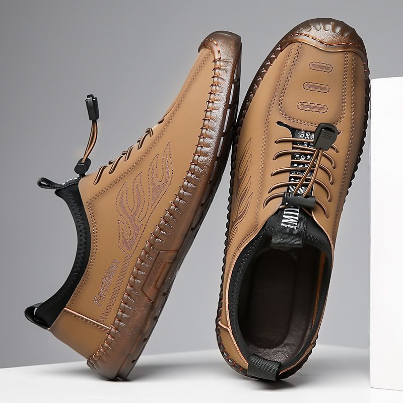 Men's casual leather comfortable to step on, lazy bean shoes, fashionable lace up, sole, soft top men's shoes_voghion.com