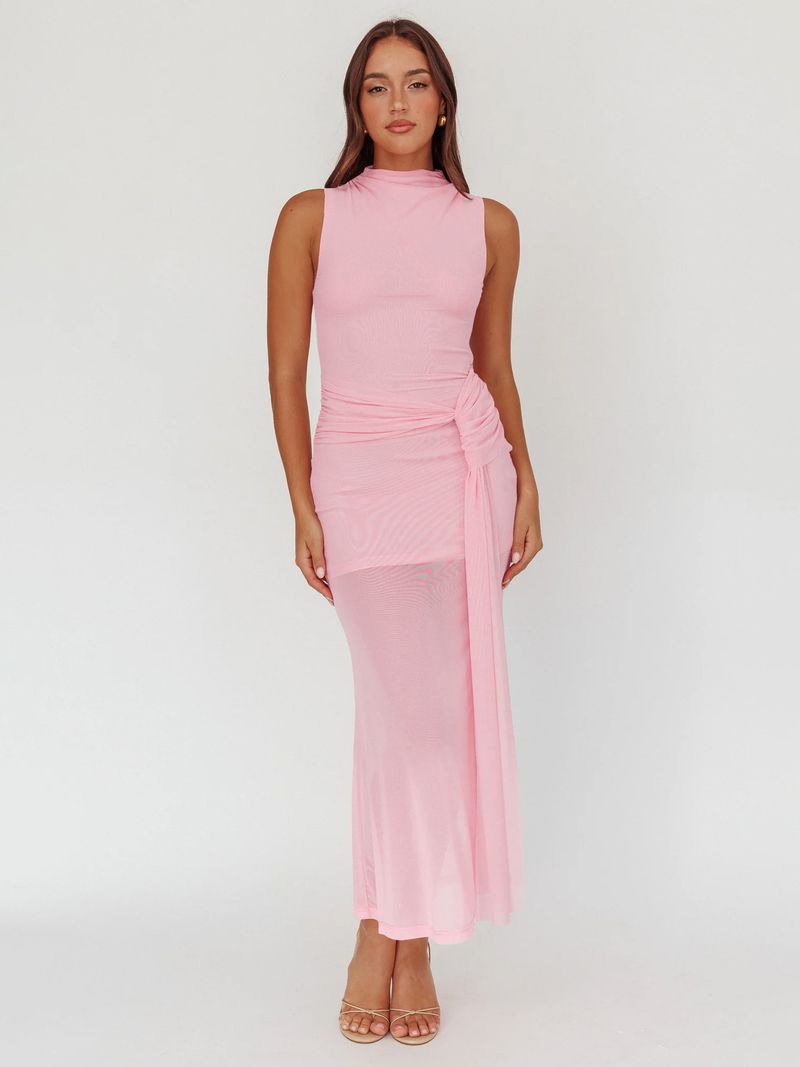 Women's Elegant Mesh Panel Dress With Waist Tie & Ruffle Details – Sexy Bodycon Silhouette For Evening Gala Cocktail Parties (S-XXL,)_voghion.com