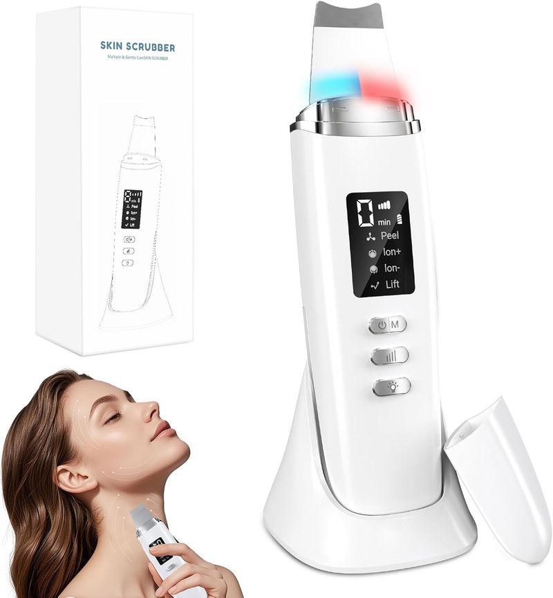 Yeerain Ultraschall-Hautwäscher, Porenreiniger für das Gesicht mit 4 Modi, einstellbarer Intensität, rotem und blauem Licht, LED-Anzeige_voghion.com