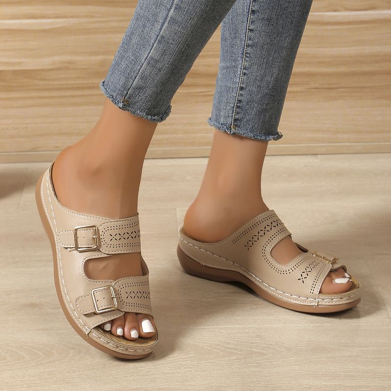 New Plus Size Carved Belt Buckle Thick Sole Women's Wedge Lightweight Outdoor Sandals_voghion.com