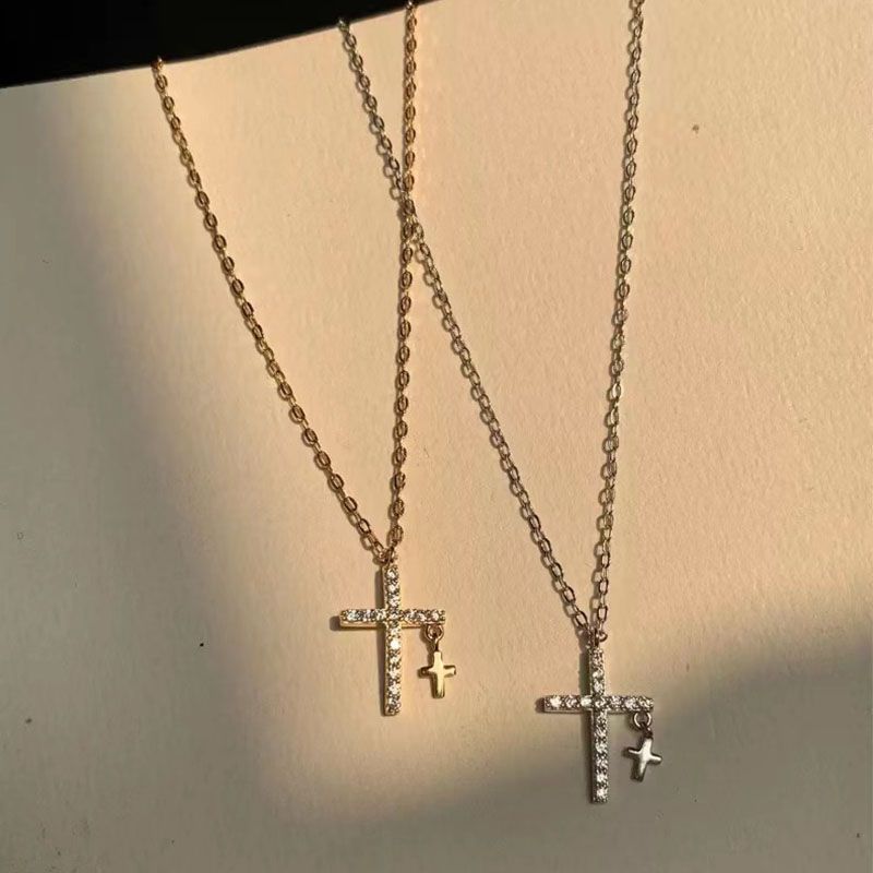 Collana classica in argento Sterling con croce lucida e piccolo ciondolo con ciondolo a catena per clavicola da donna, gioielli raffinati_voghion.com
