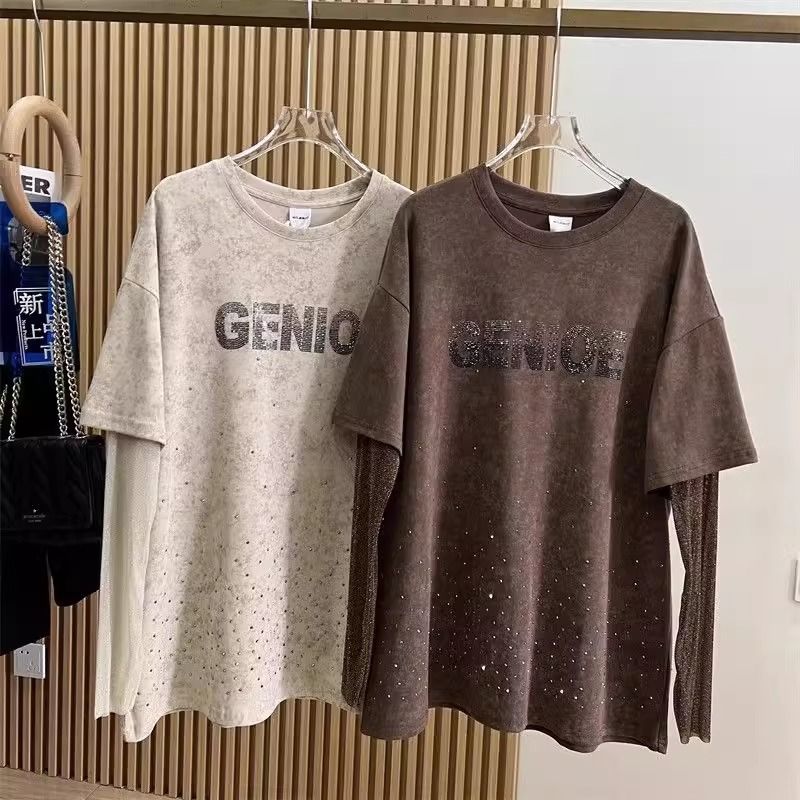 Abbigliamento da donna Taglia extra large 2 300 catties mm di spessore lettera pesante piena di stelle design a diamante caldo due pezzi maglietta a maniche lunghe in seta dorata da donna_voghion.com