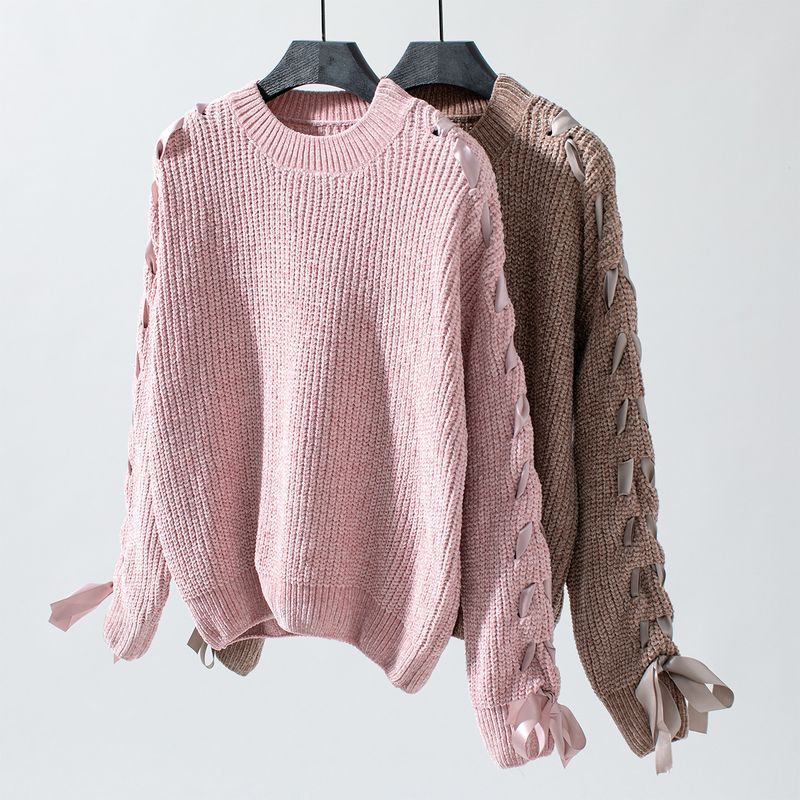 Women's Knit Sweater With Bow Tie Detail - Oversized Casual Long Sleeve Pullover For Fall & Winter_voghion.com