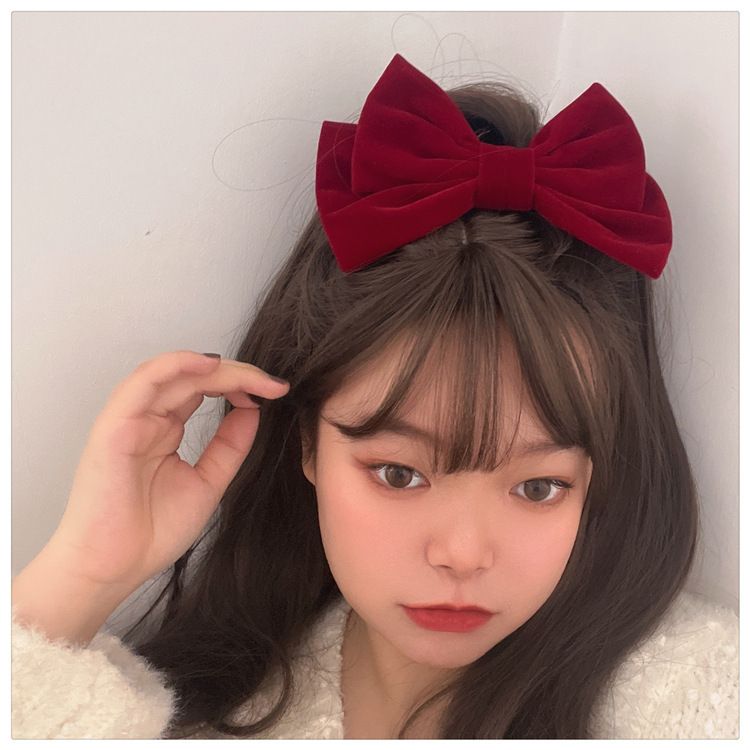 Lillian Red Velvet Accessories Collection New Year Christmas Headband Wide Vintage Pleated Scrunchie BB Bow Hair Clip_voghion.com