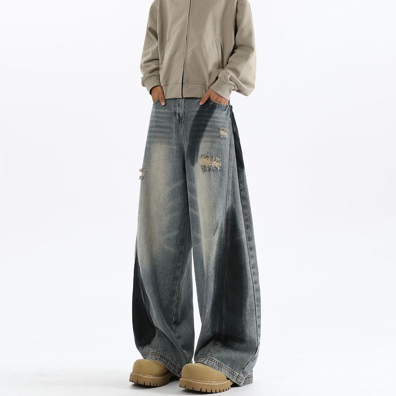Amerikaanse stijl Splashed Ink Ripped Curved Knife Jeans voor heren in de herfst, los en trendy design, wijde pijpen iets_voghion.com