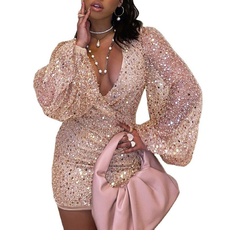 Damkläder klänning långärmad V-ringad paljett midja höftkjol_voghion.com