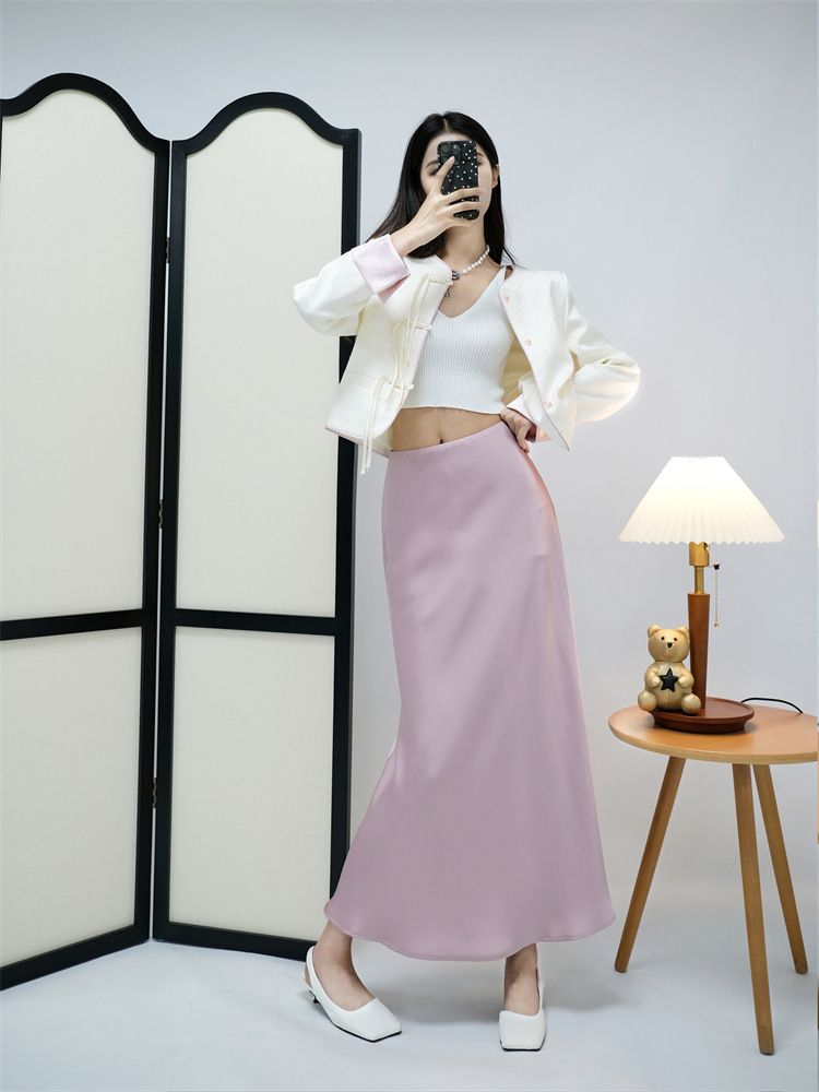 2024 Summer New Luxury High Waist Slim Satin Smooth French Fishtail Wrap Hip Long Half Skirt Children's_voghion.com