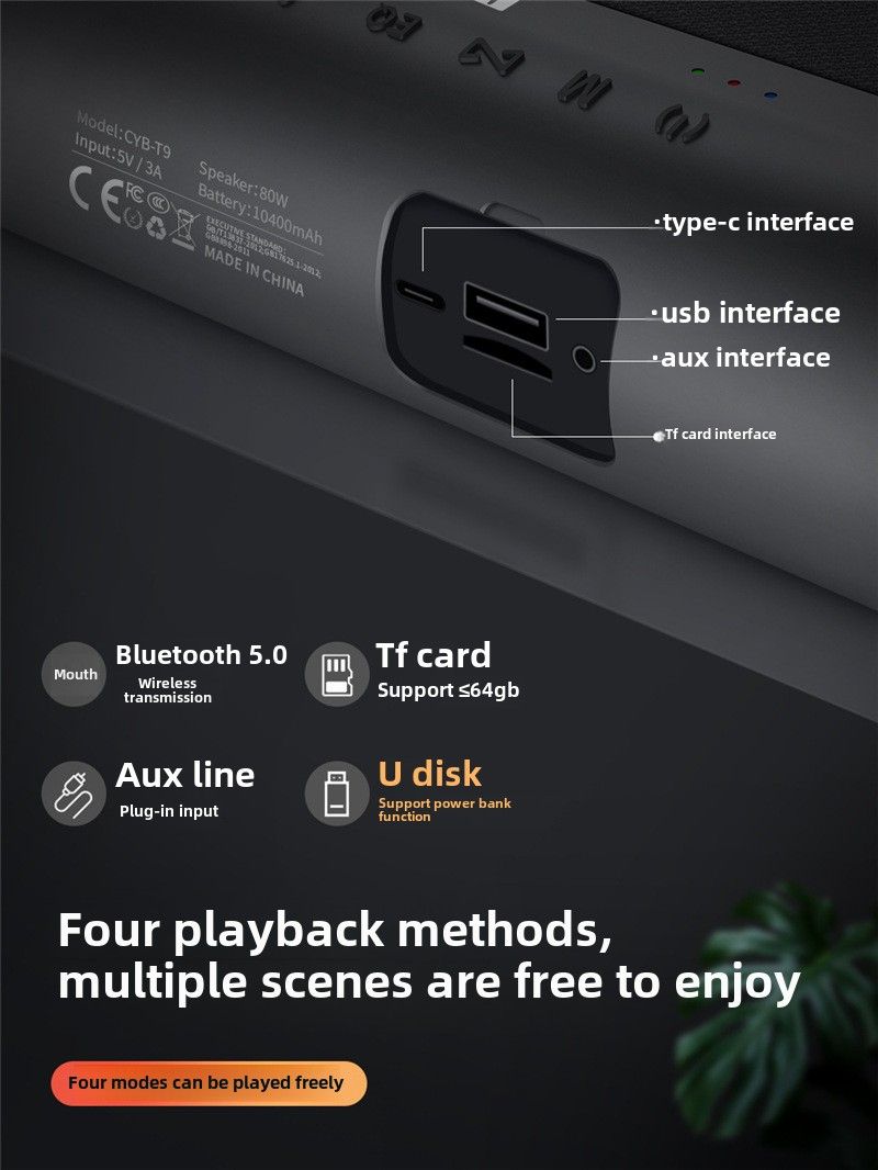 CYB-T9 Bluetooth-Lautsprecher: 80 W starker Subwoofer, 10400 mAh Akku mit langer Akkulaufzeit, unterstützt TWS-Serie, Multi-Mode-Wiedergabe, kann das Gerät aufladen_voghion.com