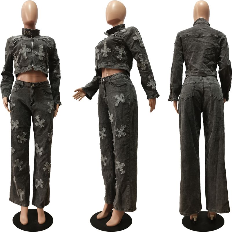 Women's Clothing New Cross Washed And Burned Western Elastic Casual Denim Suit_voghion.com
