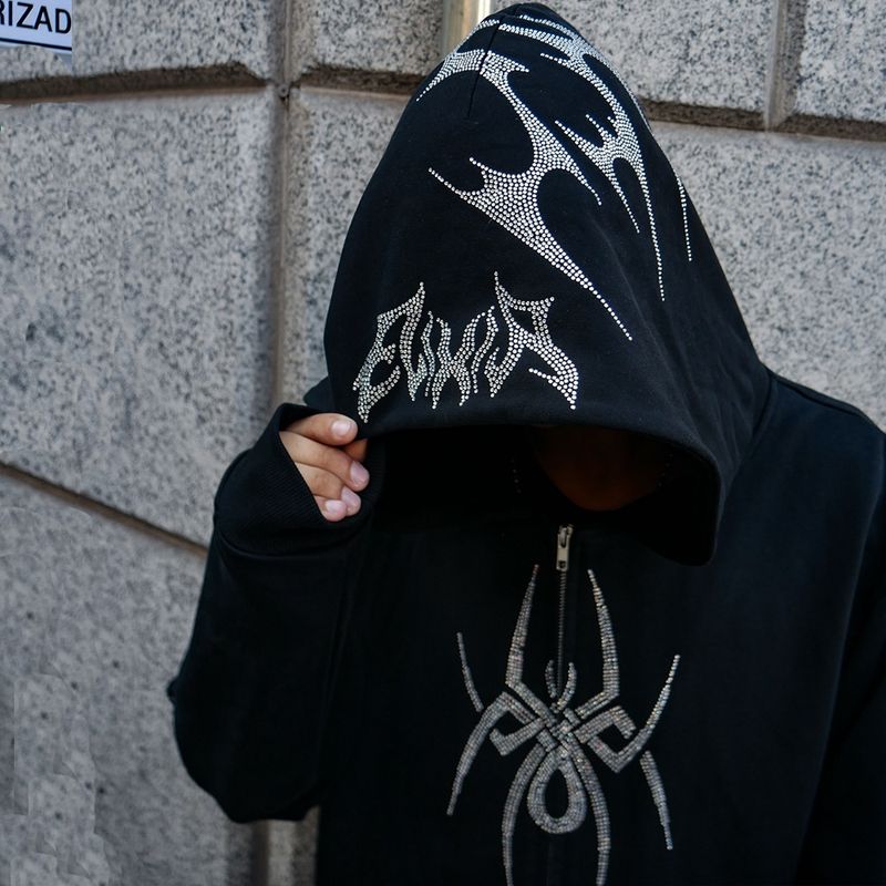 Abbigliamento maschile Autunno e inverno Y2K Spider Hot Diamond Cardigan con cerniera Dark Gothic Street Style Felpa con cappuccio larga_voghion.com