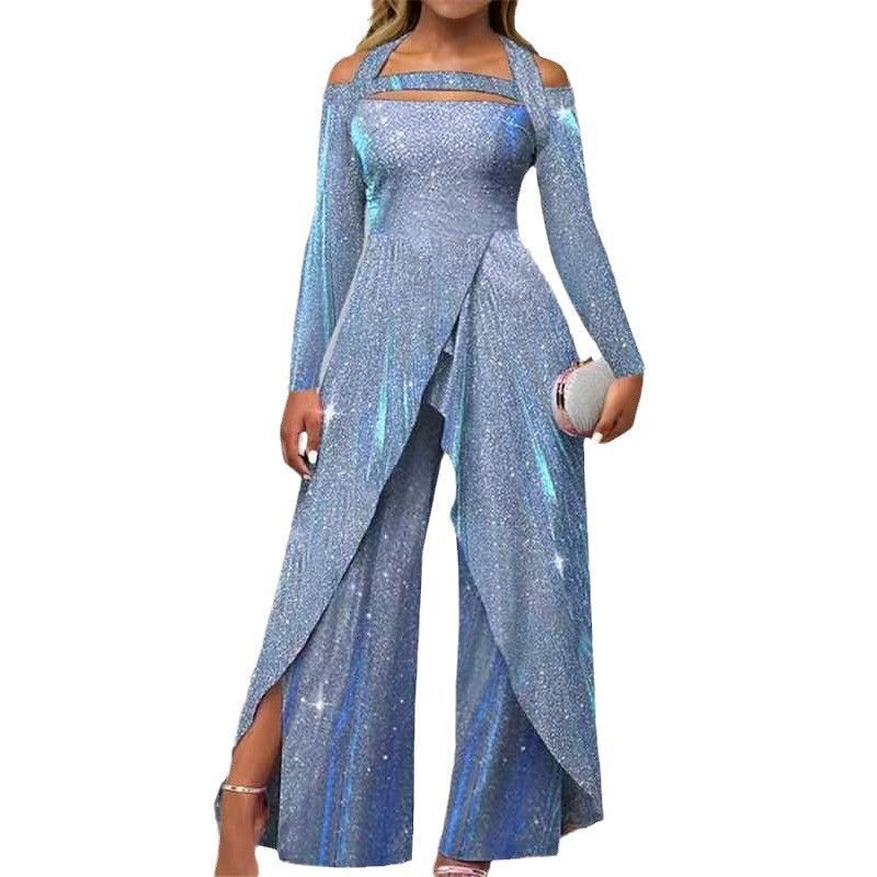 Kadın moda seksi payetli uzun etek eğik yaka orta bel mizaç banliyö tulum_voghion.com