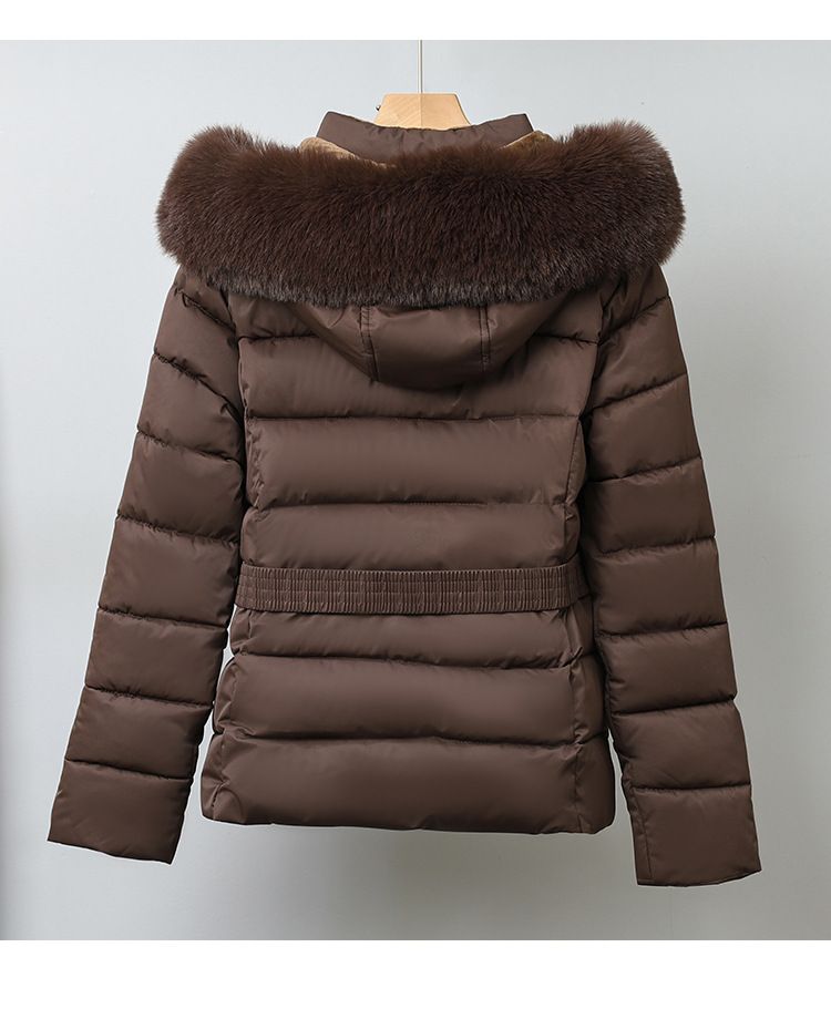 Fleecegevoerde ski-jas voor dames met riem - warme winterjas, capuchonjas met rits, dikke, geïsoleerde bovenkleding voor wintersporten_voghion.com