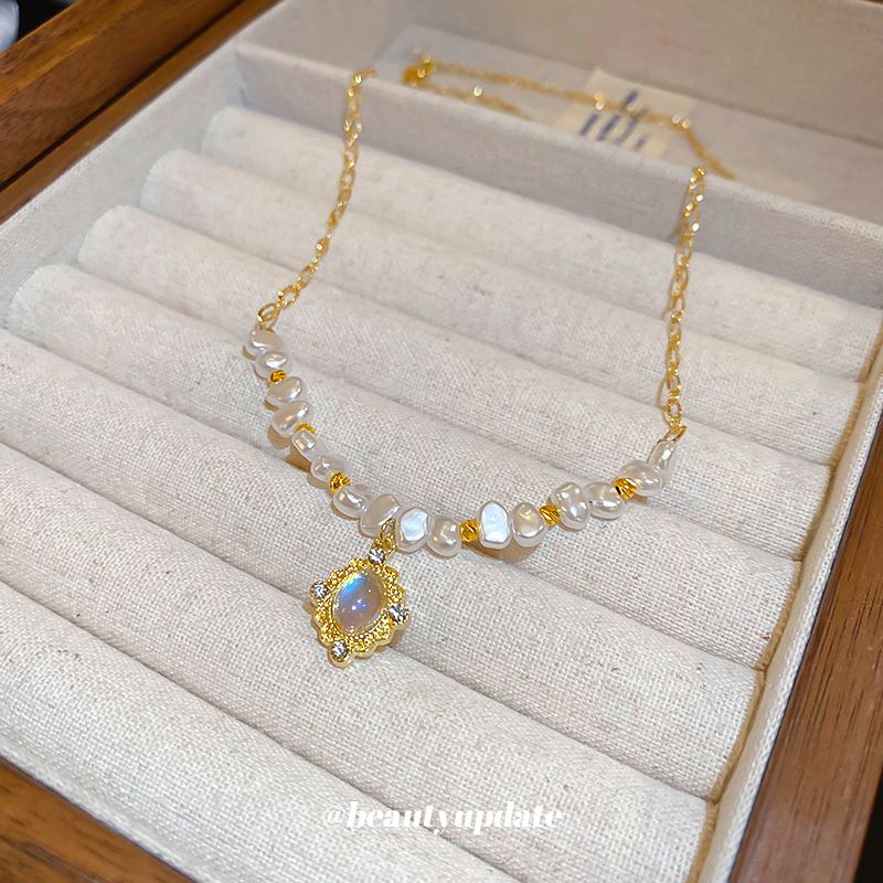 Franse hofstijl maansteen parelketting High-end mode lichte luxe sleutelbeenketting veelzijdige choker_voghion.com