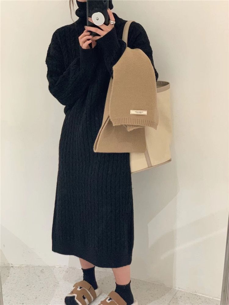 Maglione lungo sopra il ginocchio alla moda, stile coreano, con collo alto e trecce, per donna_voghion.com
