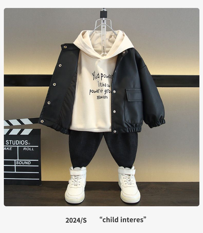 Giacca in pelle 2025 Nuovi vestiti per bambini primavera autunno, freschi e belli, felpa in stile coreano per ragazzi, set da due pezzi_voghion.com