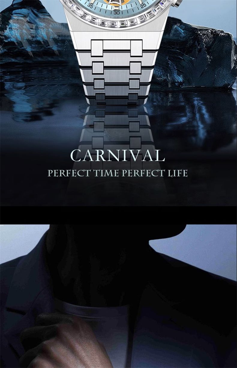 Montre mécanique tourbillon pour homme Carnaval, cadran gris, super lumineuse, en acier inoxydable, automatique, sport, 2024_voghion.com