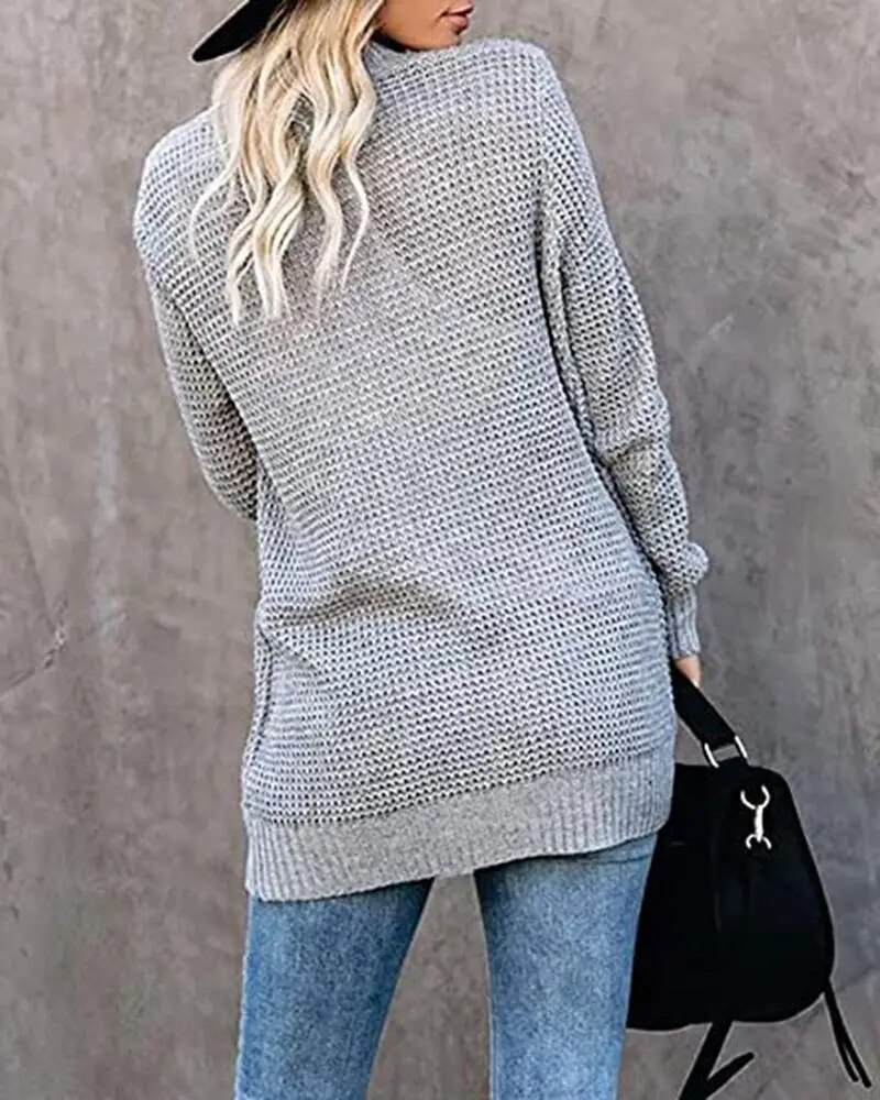 Vrouwen Gebogen Knoopsluiting Grote Zak Trui Vest V-hals Gebreid Vest Effen Open Winter Warme Truien Met Lange Mouwen_voghion.com